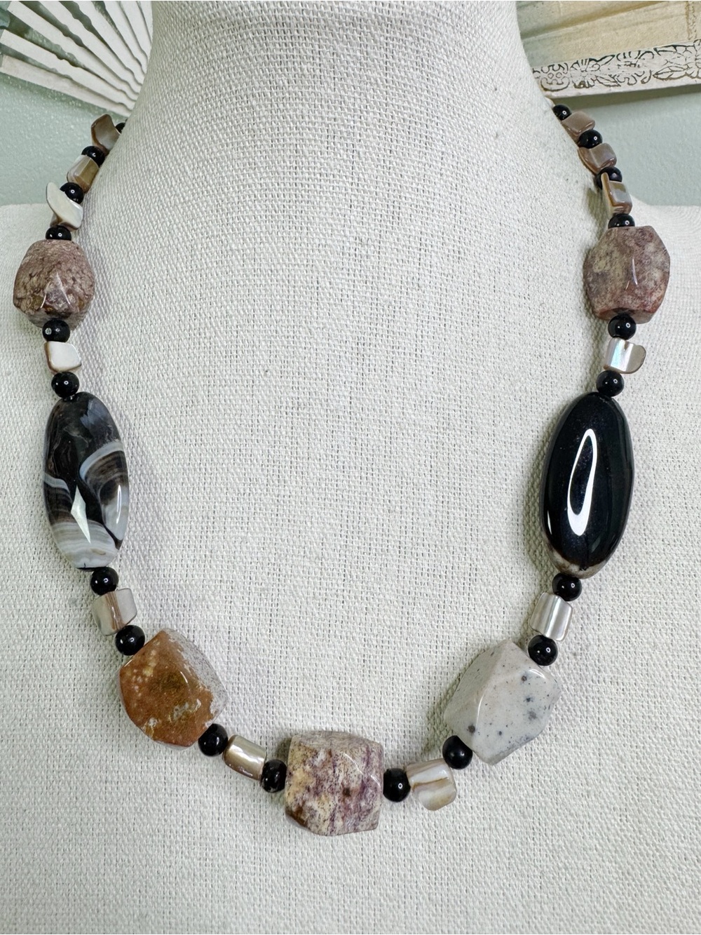 Mixed Stone, Agate and Shell Chunky Necklace - Neutral Tones 925 Sterling Clasp